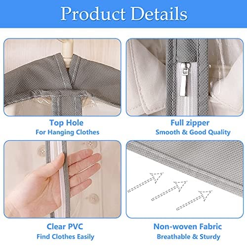 laeeyin Garment bags Suit cover bags for hanging clothes 100cm, Moth Proof Dress Bag Covers Damp-proof Suit Storage Bag Clothes, Plastic Protector for Jacket, Coat, Sweater, Shirts 3 Packs (Grey) — view 4