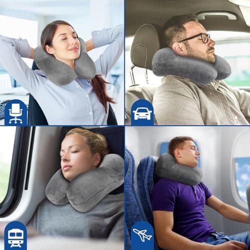 BBjinronjy Travel Pillow, Inflatable Neck Pillow for Airplane with Ear Plugs, Soft Velvet Ergonomic Neck Support Travel Pillow Inflatable for Office, Airplane, Car, Travel, Camping, Nap Pillow (Gray) — view 6