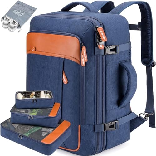 Lumesner Carry on Backpack, Extra Large 40L Flight Approved Travel Backpack for Men & Women,Expandable Large Suitcase Backpacks With 4 Packing Cubes (Blue)