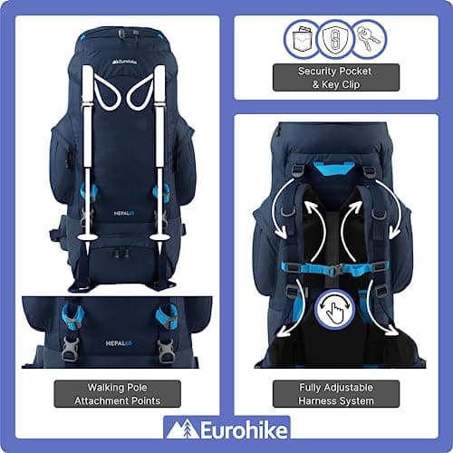 Eurohike Nepal 65 Litre Rucksack with Ventilated Back Panel & Padded Harness, 65L Backpack, Bag for Men & Women, Adjustable, Lightweight, Camping, Hiking, Trekking, Travelling, Outdoors, Blue — view 4
