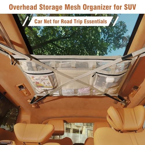Car Ceiling Cargo Net,31.5"x21.6" Car Overhead Storage Mesh Organizer,Double Layer Roof Mesh Camping Overlanding Gear Must Haves Cargo Net,Road Trip Essentials（ Beige） — view 5