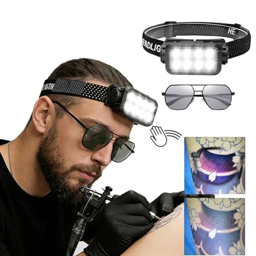 GBK Tattoo Headlamp with Motion Sensor, Polarized Light with Vision Glasses for Tattooing, Rechargeable LED Head Belt, 2500 Lumen Headlight, Tattoo Lighting Lamp & Work Light Kit (Single Headlamp)