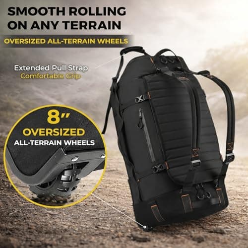 Foldable Rolling Duffle Bag with Wheels - 30" Extra Large Waterproof Travel Backpack with Shoe Compartment, Heavy Duty TSA-Approved Luggage for Men’s Camping, Sports, and Airplane Trips, Black, Extra — view 3