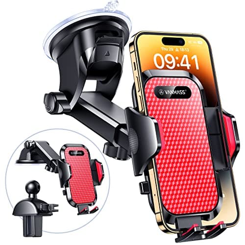VANMASS Car Phone Holder 2026 BEST【85+ lbs Strongest Suction & Vent Clip】True Military-Grade Patent Universal Mobile Vehicle Mount Dashboard Windscreen Van Cradle for 17 Pro Max 16 15 14 Samsung, Red