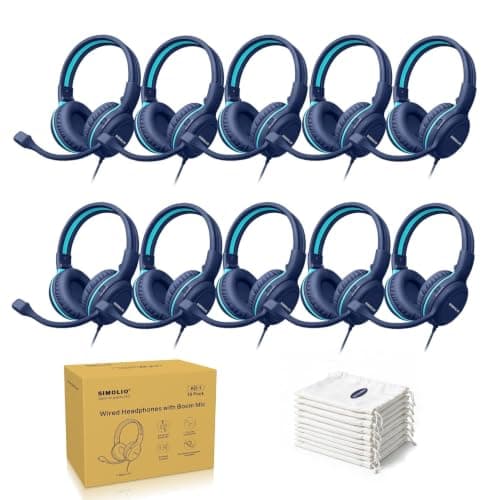 SIMOLIO 10 Pack Wired Headphones for School with Mic, Kids Headphone with Swivel Boom Mic for Student K12 & Teacher & E-Learning