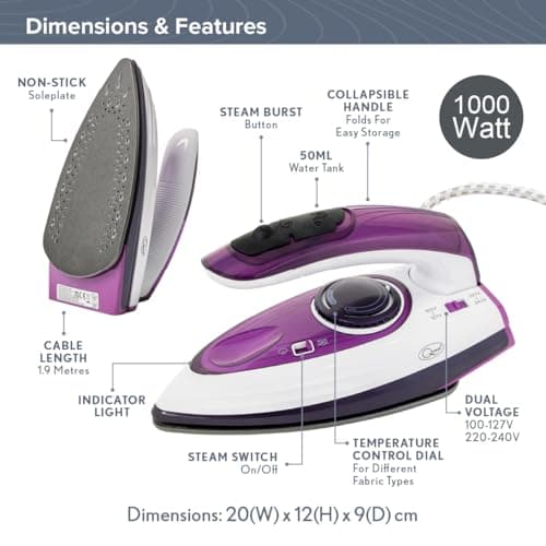 Quest Travel Steam Iron, Collapsible Ergonomic Handle, 50ml Water Tank — view 2