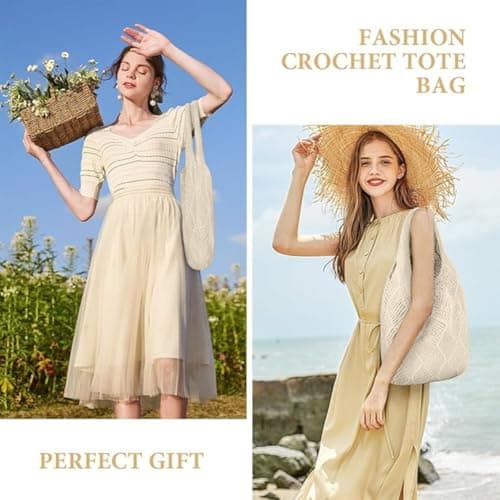 Aucuu Women Knitted Handbags, Retro Hollow Woven Shoulder Bags, Boho Shoulder Bag, Crochet Mesh Tote Bag, Beach Bag for Women, Travel Shopping Handbag for Holiday, Daily Work, Shopping, Travel — view 2