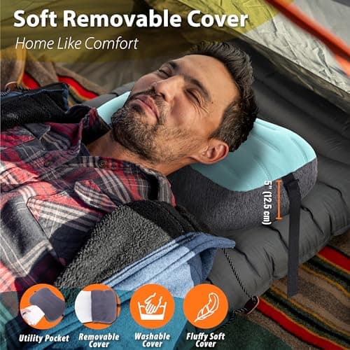 TREKOLOGY Inflatable Camping Pillow - Travel Pillows for Backpacking, Beach & Airplane - Blow Up Head & Neck Support Camp Cushion with Removable Cover, Adjustable Attachment Strap & Storage Bag (Blue) — view 2
