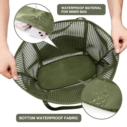 KALIDI FANCY FOREST Foldable Mesh Beach Bag with Zip, 27L Large Mesh Tote Bags for Women Ladies Summer Beach Tote Bag for Holiday Travel,Army Green — view 5