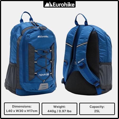 Eurohike Nova 25 Litre Daysack with Ventilated Back Panel, Lightweight, Packable, Adjustable 25L Daypack, Backpack, Rucksack, Bag for Men Women & Kids, School, Commuting, Camping, Hiking (Blue) — view 2