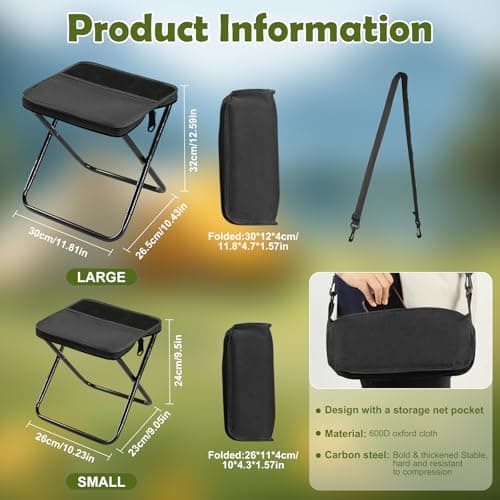 nnOuOnn Portable Foldable Backpack Stool for Camping, Small Folding Chair for adults, Lightweight Mini Pocket Fold Up Telescopic Stools for Fishing Travel Hiking Garden (Black, Large) — view 2