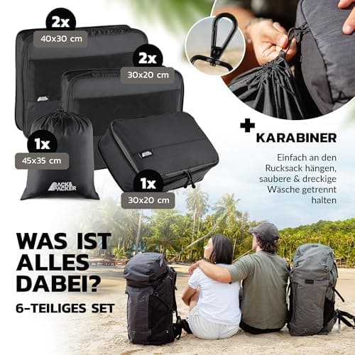 BACK&PACKER Packing Bags Set with Compression - 6 Pieces - Packing Cubes Made of Recycled Material - Lightweight Organiser for Backpack & Suitcase - Includes Wet Laundry Bag (Black) — view 4