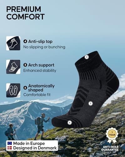 DANISH ENDURANCE Merino Wool Low Cut Hiking Socks with Lightweight Cushioning, for Men & Women, Unisex, 3 Pack, Black, 9-12 — view 3