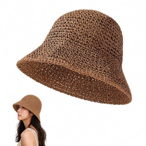 AXXSIL Straw Bucket Hats Women, Foldable Wide Brim Sun Hat Khaki