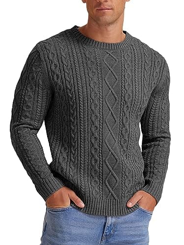 Hisir Men's Cable Knit Jumper, Thick Warm Crew Neck Winter, Dark Grey, XL