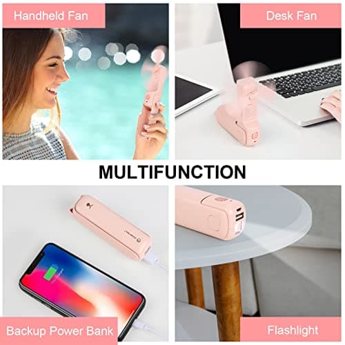 LYMYBETY Portable Handheld Fan, USB Rechargeable Mini Hand Held Travel Fans, Folding Pocket Fan 3 Speeds, 24 Working Hours, Small Personal Desk Fan Flashlight Home Travel Outdoor Use, Pink — view 4