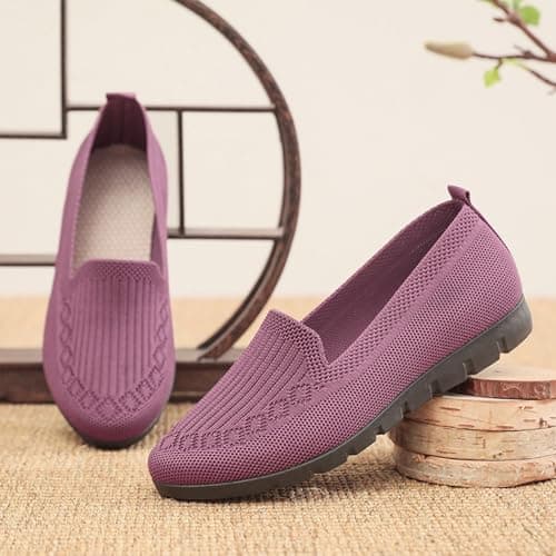 Women's Lightweight Knitted Loafers Casual Flat Shoes Orthopedic Comfortable Boat Shoes Flat Bottomed Breathable Shoes Retro Walking Flats Purple — view 3