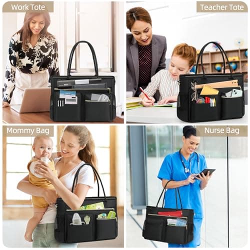 RAINSMORE Laptop Tote Bags for Women 15.6 inch Teacher Bag Large Nurse Utility Bag Computer Messenger Briefcase with Insulated Pocket for Work School Office Business University Black — view 2