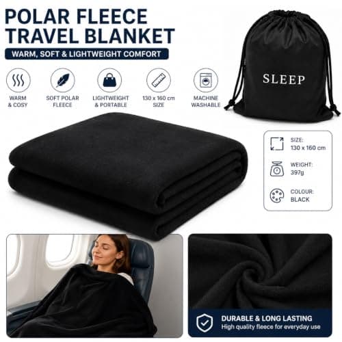 JYW Travel Comfort Set with Memory Foam Neck Pillow, Polar Fleece Blanket, 3D Sleep Eye Mask, 2 Pairs PU Ear Plugs & Oxford Storage Bag | Flight & Travel Accessories Kit | Black — view 3