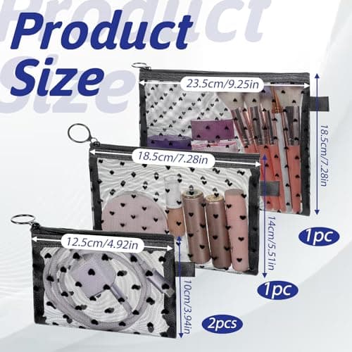 4 PCS Heart Printed Mesh Makeup Bag Set, Heart Print Mesh Zipper Pouch Bags, Portable Travel Organizer Bags Pouch Set for Home Offices Daily Travel Accessories(Black) — view 2