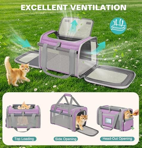 BTNEEU Soft Sided Cat Carrier Bag Airline Approved Large Pet Carrier Portable Dog Carrier Ventilated Foldable Pet Travel Carriers Bag For Cats/Small Dog With Shoulder Strap & Washable Mat (Purple) — view 6