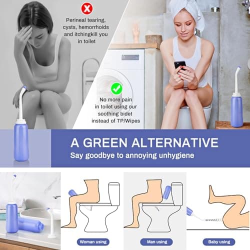 2 Pack Portable Bidet Sprayer Peri Bottle, Number-one Travel Bidet Bottle 500ml 17oz Personal Hygiene Care Toilet Bidet Shower with 2 Nozzles, Dust Cap and Storage Bag for PostPartum Care and Recovery — view 4