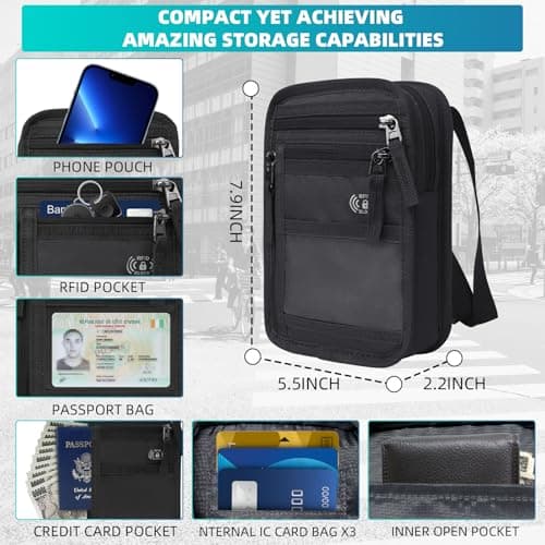 RFID Neck Wallet for Travel, Neck Wallet with RFID Blocking, Waterproof Passport Holder with Adjustable Strap, Hidden Travel Pouch Crossbody Bag for Men & Women, with Multiple Zip Pockets(Black) — view 2