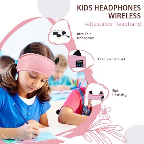 Joythink Kids Bluetooth Headband Headphones Sleep Mask Wireless Earphones Built in Thin Speaker Adjustable Sports Headset Sleep Headband for Girls Boys Toddler Children Baby Travel Study Pink — view 6