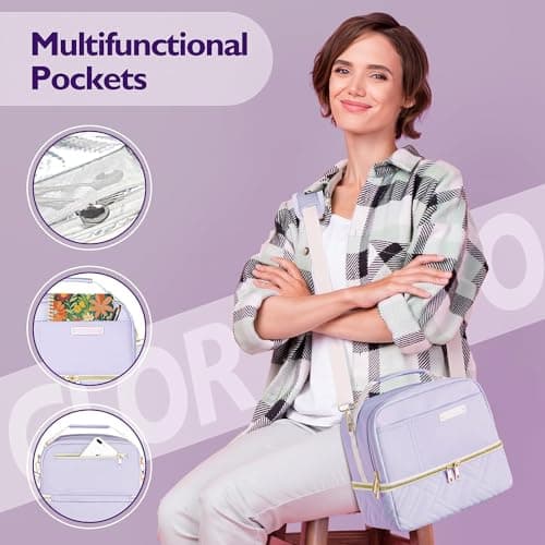 Hihealer 2 Tier Lunch Bag 26x16x26cm Women with Stylish Vegan Leather - Large Leakproof Insulated Cool Bag with Removable Adjustable Strap for Work Picnic, Christmas Gifts for Women (Lavender Purple) — view 6