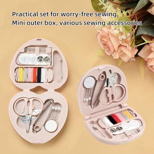 IUSOT 2Pcs Mini Sewing Kit, Travel Handbag Household Essentials Portable DIY Emergency Sewing Repair Supplies with Heart Shaped Storage Case, Needles, Cotton, Buttons, Pins, Thread, Scissors — view 6