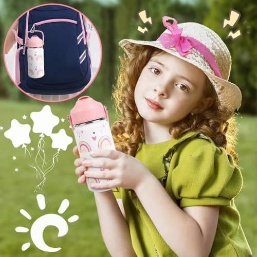 AMFUN 350ml /12oz Kids Insulated Water Bottle with Straw Lid,Small Flask Vacuum Insulated,Upgraded Leak Proof Lid with Straw & Handle for Boys Girls Hot Cold Drinks,BPA-Free (Rainbow) — view 6