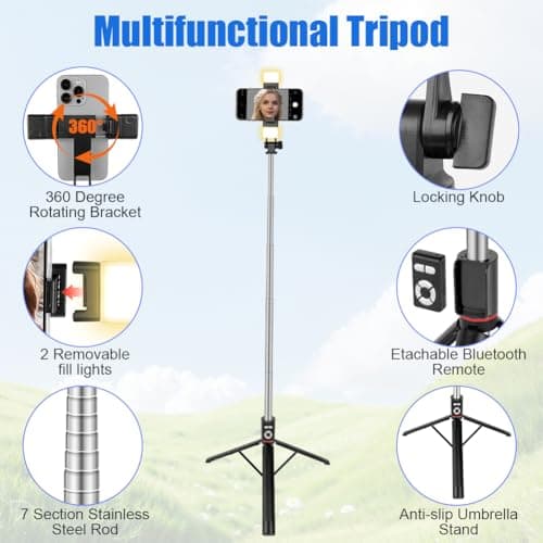 Adiwo Mobile Phone Tripods, 67''/170cm Extendable Selfie Stick with 2 Fill Lights, 3 in 1Portable Travel Phone Holder, with Detachable Wireless Bluetooth Remote, Compatible with Android, IOS (Black) — view 5