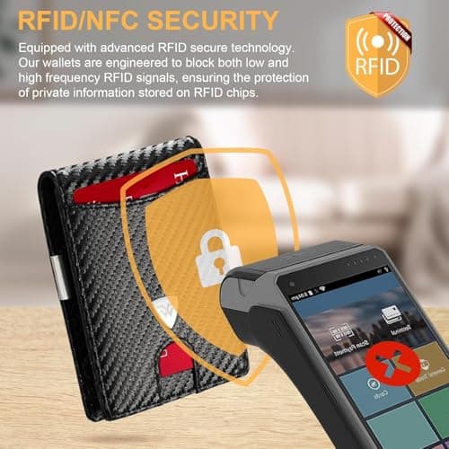 WONSEFOO Wallets Mens Slim RFID Blocking Carbon Fiber for Men UK with up to 12 Credit Card Slots, Strong Money Clip, Minimalist Bi-Fold Gift Box - Black, 11.5 x 8.5 x 1.5 cm — view 3