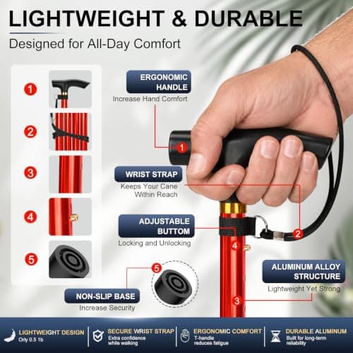 supregear Walking Stick - Adjustable Folding Walking Sticks for Women and Men - Lightweight Portable Collapsible Balancing Aid - Foldable Travel Cane for Ladies Elderly Adults, Red — view 5