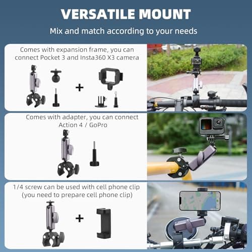 BRDRC Pocket 3 4 4P Camera Bike Mount Clamp Motorcycle Handle Holder for Insta360 X6/X5/X4/Ace Pro 2/Go 3S, DJI Osmo Pocket 4/4P/3/Mobile 8/7/Action 6 5 Pro 4 3, GoPro Hero/Max/Mini Accessories — view 2