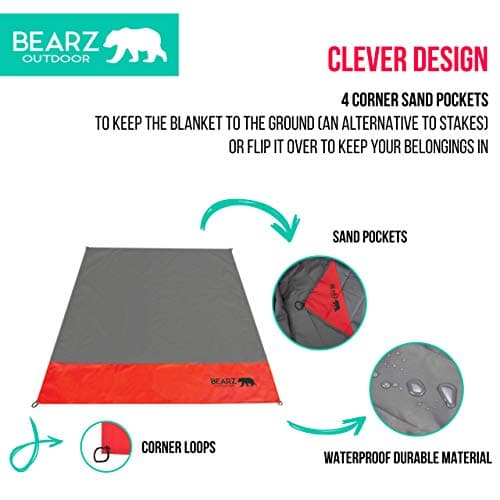 BEARZ Outdoor Travel Blanket - Pocket Sized Beach Blanket Camping Blanket, Waterproof Picnic Blanket, Sandproof Beach Mat - Camping Gadgets & Festival Hiking Accessories (Red) — view 6