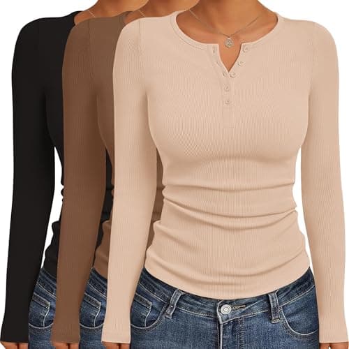 Ekouaer Womens Thermal Long Sleeve Henley Top 3 Pack Black/Brown/Beige M