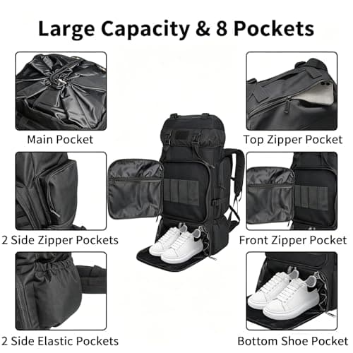 Ogetok 80L Hiking Backpack Camping Rucksack With Shoe Pocket, 80 liters Large Capacity Outdoor Knapsack Travel Climbing Mountaineering Trekking Carry On Bag Backpacking for Men Women, Black — view 4