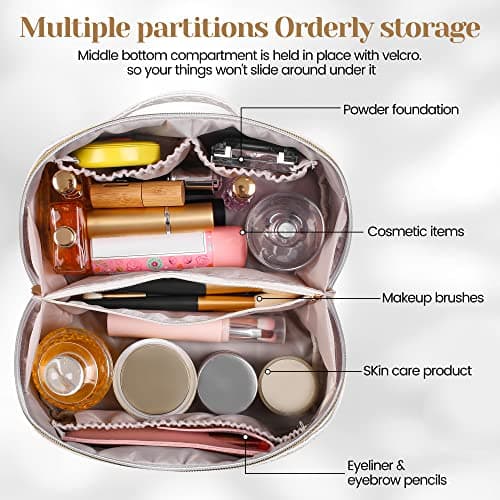 SFXULIX Large Capacity Travel Cosmetic Bag - Makeup Bag, PU Leather Waterproof Cosmetic Bag, Women Portable Travel Makeup Bag with Handle and Divider Flat Lay Makeup Organizer Bag, White — view 4