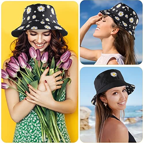 Sibba Summer Bucket Hat Packable Sailor Fisherman Caps for Fishing Golf Camping Travel Large Head Wide Brim Sun Protection Headwear Valentines Day for Men Women Teens Girls (Flower) Black — view 5