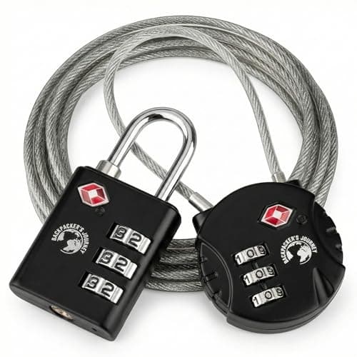 Backpacker's Journey TSA Lock Set with 1.5 m Steel Cable - Combination Locks for Rucksack, Suitcase and Bags
