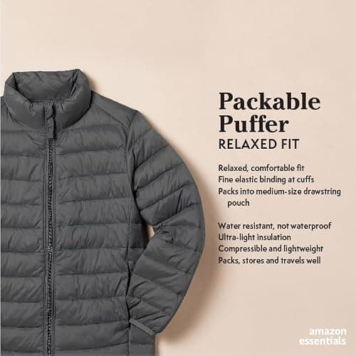 Amazon Essentials Boys' Lightweight Water-Resistant Packable Puffer Jacket, Black, 5 Years — view 2
