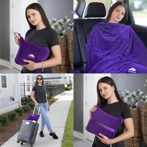 BlueHills Travel Blanket Pillow Premium Soft Plush for Airplane Travel Size Blanket Throw Long Flight Essentials in Compact Bag Plane Portable Lightweight Purple T021 — view 3