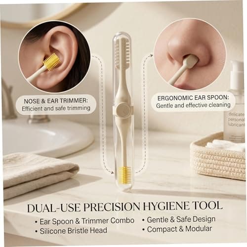Nasal Hair Cutter for Men, 3pcs 2-in-1 Manual Nose Hair Trimmer & Ear Picker Set, Portable Nose Remover for Men & Women, Beige Nasal Cutter with Silicone Brush Daily & Travel Use — view 3