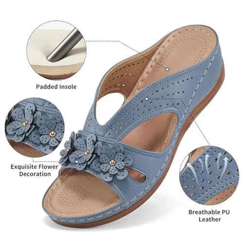 Orthopedic Sandals for Women UK Open Toe Dressy Summer Beach Sandals Wide Fit Walking Sandal Comfy Lightweight Footwear Ladies Backless Slip Ons Vintage Flower Boho Wedge Heel Sliders Sky Blue — view 3