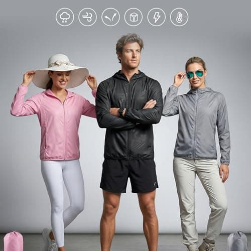 zoogobee Men's Lightweight Packable Hooded Waterproof Jacket, Windproof Sun Protection Rain Coat for Hiking Cycling Travel Running Commuting (UK, Alpha, L, Regular, Regular, Black) — view 4