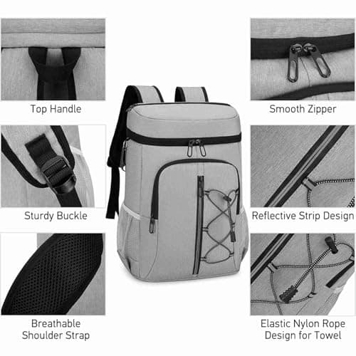 Insulated Cooler Backpack Camping Hiking Road Trip Outdoors 2 Side Mesh Pockets Camping Picnic for Meals, Beverages, Snacks (Light Gray) — view 3