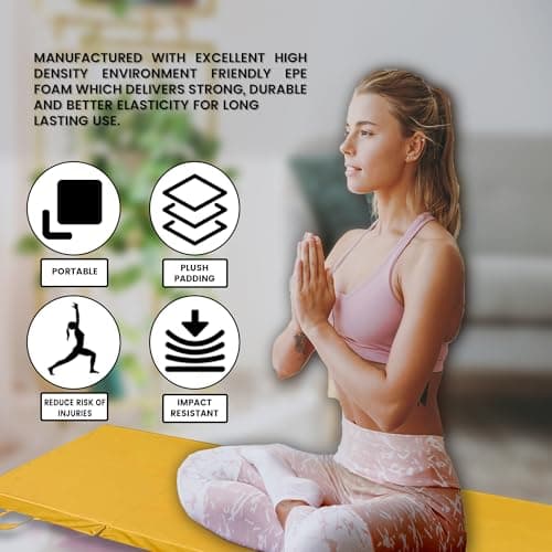 MAXSTRENGTH Tri-Folding Extra Thick Yoga Mat – Non-Slip Exercise & Gymnastics Mat | Soft Foam Fitness Mat with Carry Handle – 6ft x 2ft Foldable Workout & Travel Yoga Mat (Yellow) — view 4