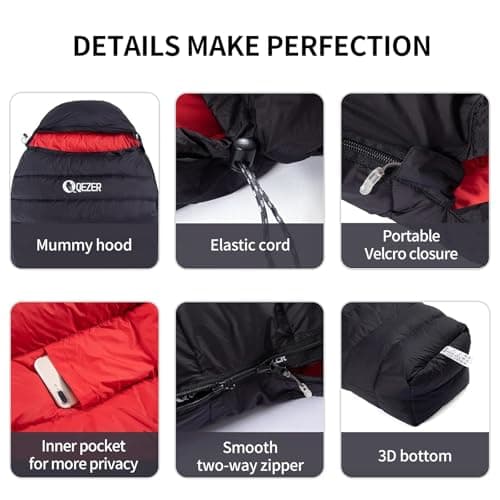 QEZER Down Sleeping Bag, Only 820 g, Lightweight Sleeping Bag, Small Pack Size with 600FP Down for 3 Seasons, Camping, Trekking and Hiking, Outdoor (blackblack) — view 6