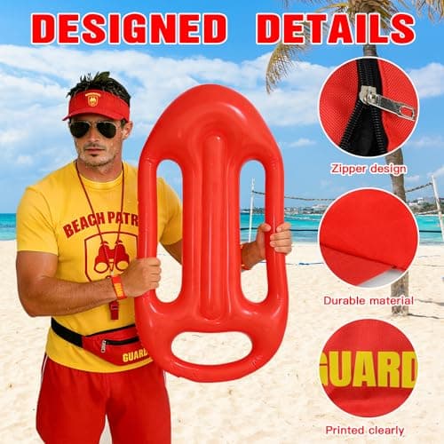 8Pcs Lifeguard Costume Set, Baywatch Costume Include T-shirt Shorts Hat Fanny Pack Whistle Wristband Inflatable Float Prop Life Guard Fancy Dress for Men Women Pool Party, Festival, Cosplay Events — view 4